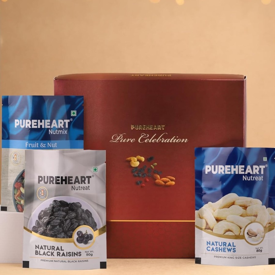 PUREHEART Pure Celebration Gift Hamper - Crunchy Combo of Nuts & Dry Fruits- Natural Cashews (80 gm), Fruit & Nut Nutmix (80gm) & Black Raisins (80gm)