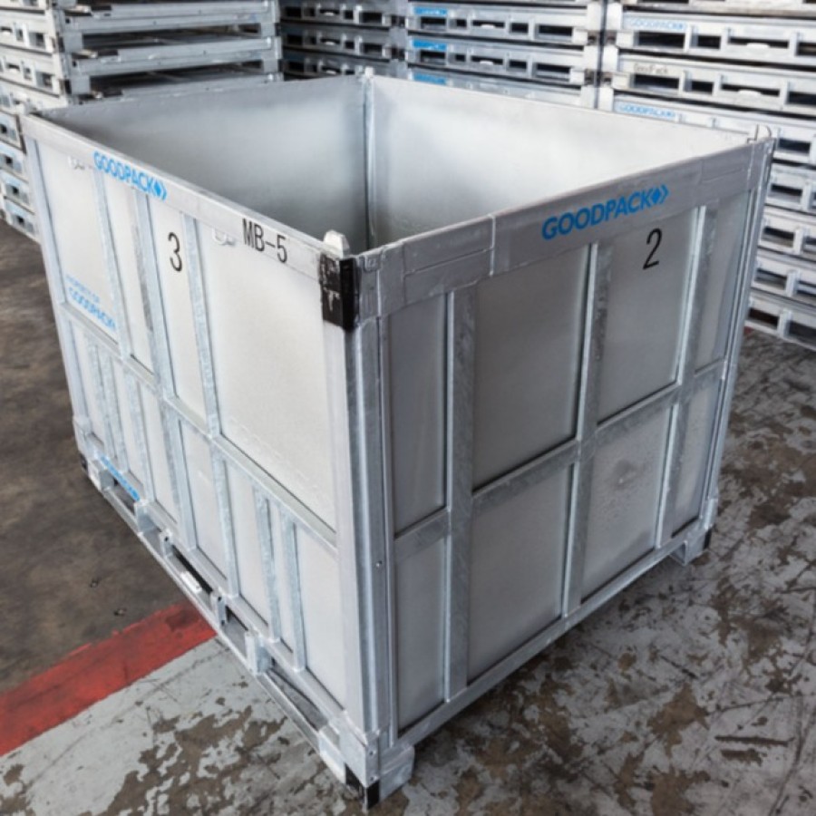 Goodpack Containers - Returnable, Pallet sized, intermediate bulk containers  (IBCs) made of galvanized steel.