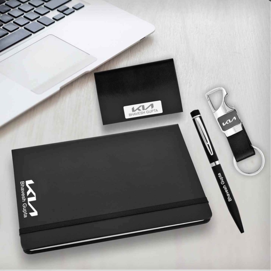Corporate set of Black Leather Diary, Keychain, Cardholder and Pen