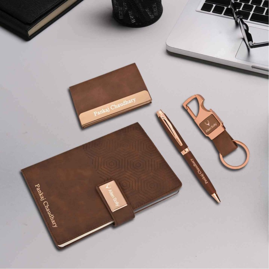 Corporate set of Brown Diary, Keychain, Cardholder and Metal Pen