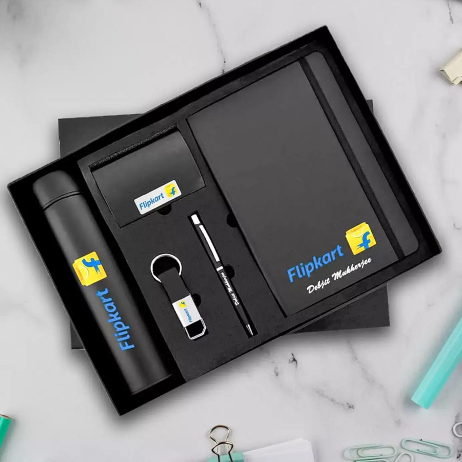 Personalised 5-in-1 Black Bottle, Diary, Pen, Keychain & Cardholder