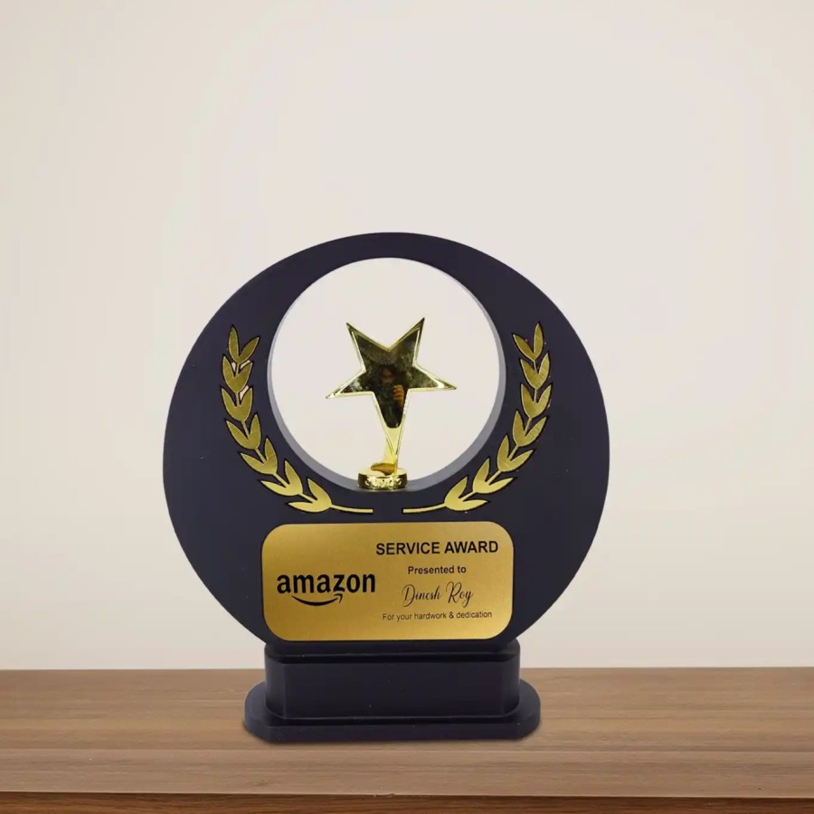 Personalised Black Wood Trophy with Metal Star - 21.59 CM