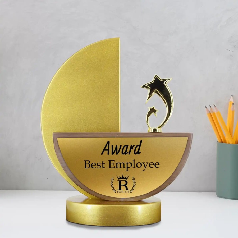 Customised Wooden Trophy with Metal Star (Size: 22.86 X 19.05 CM)
