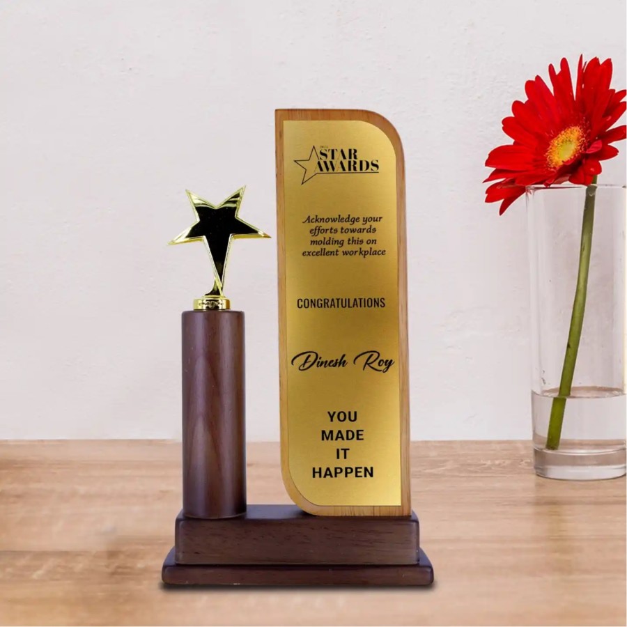 Personalised Wood Trophy with Metal star - Dark Brown Colour(27.30 X 12.7 CM)