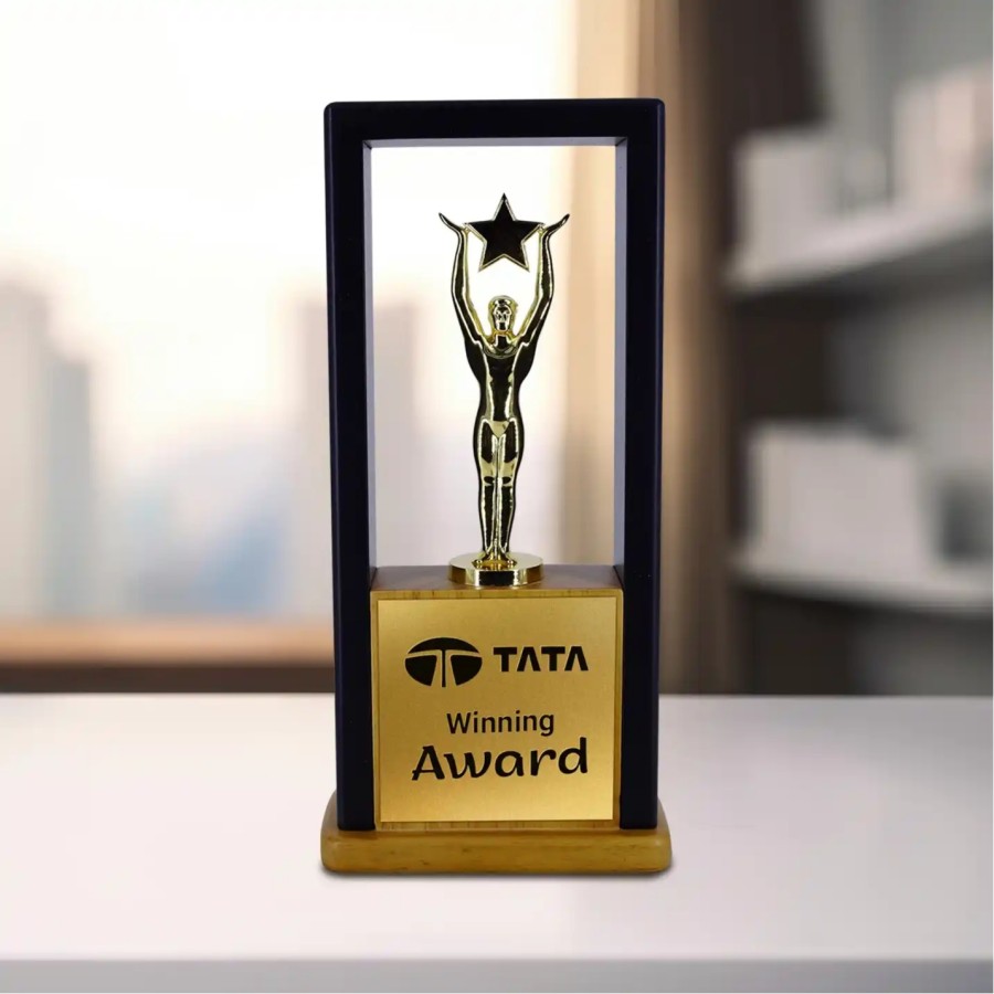 Custom bulit Wood Trophy with Metal Statue - 20.32 X  11.43 CM
