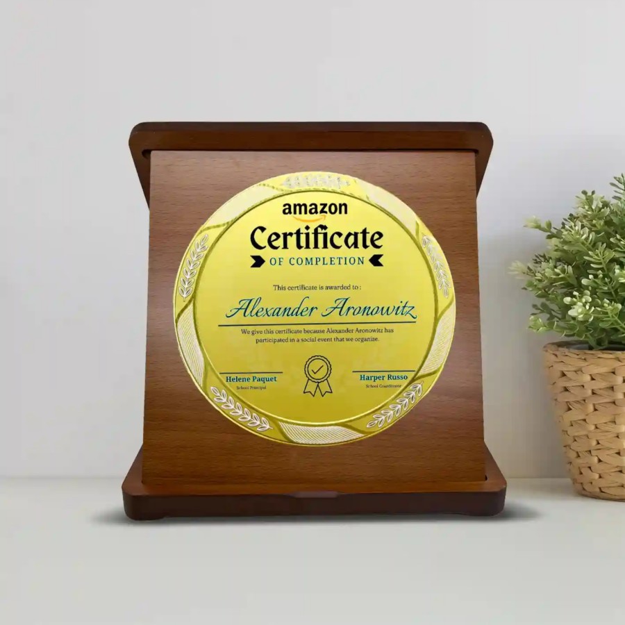 Top-Quality Customised Corporate Round Wood & Metal Memento
