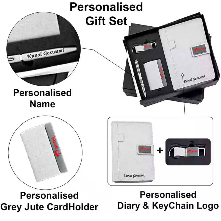 Customised 4-in-1 Grey Diary, Pen, Keychain & Cardholder
