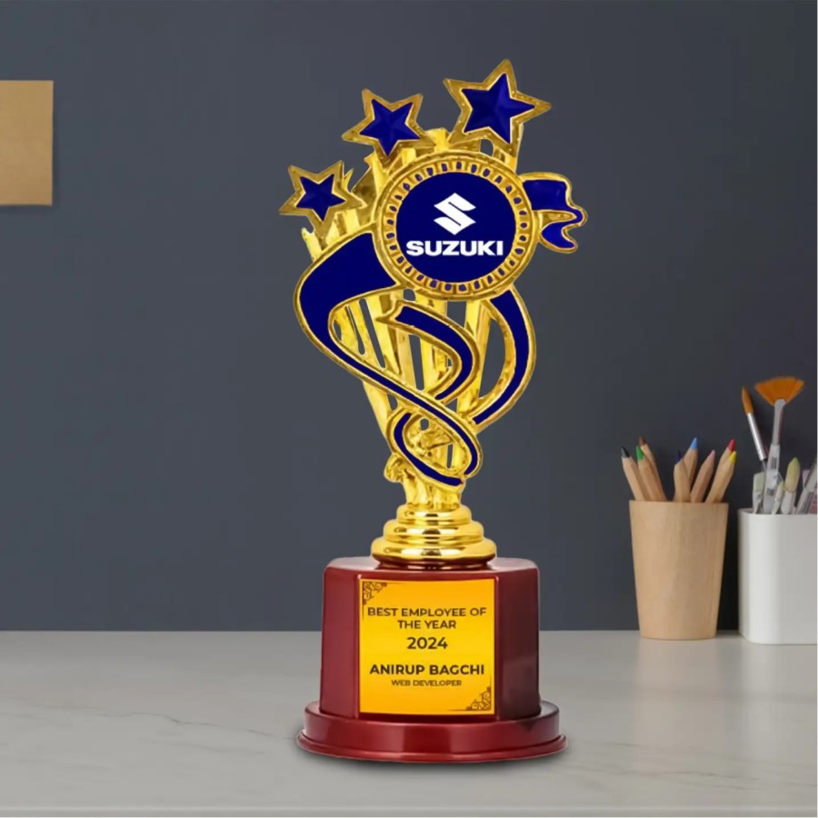 Magnificent Corporate Blue 3-Star Golden Trophy ( Size: 23.11 cm)