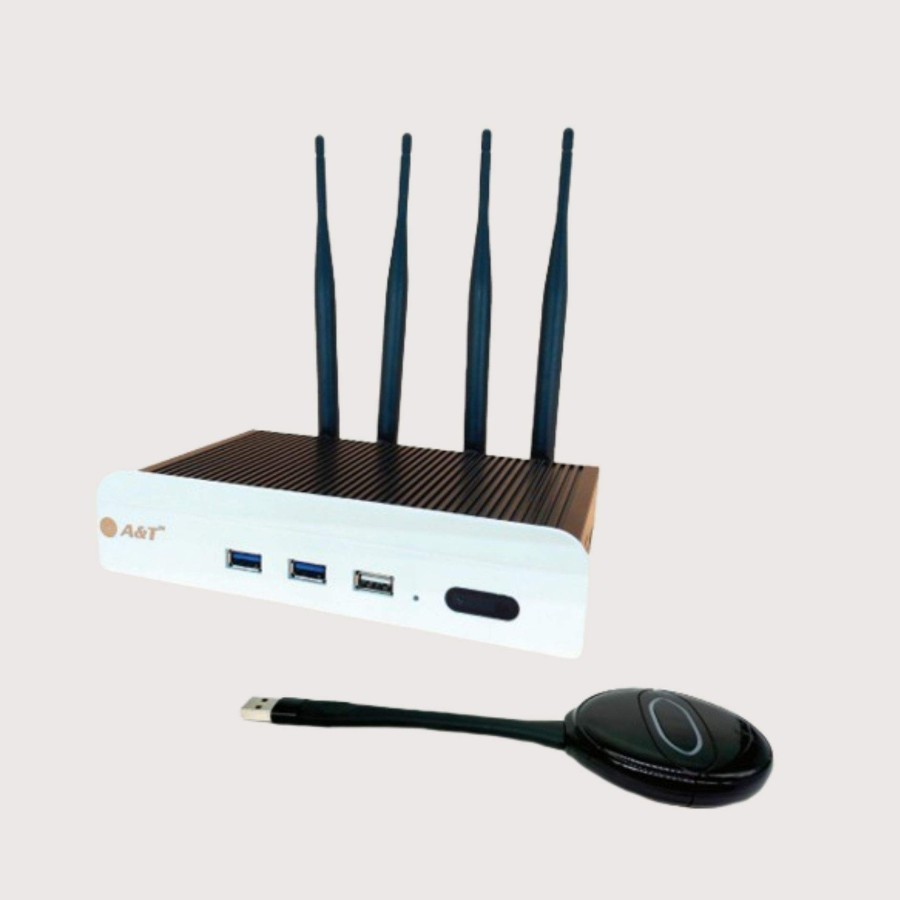 A&T Aircast Pro - Wireless Collaboration Device with all in one dongle, 9 multiscreen display, Dual HDMI Out, connects you to room devices like camera