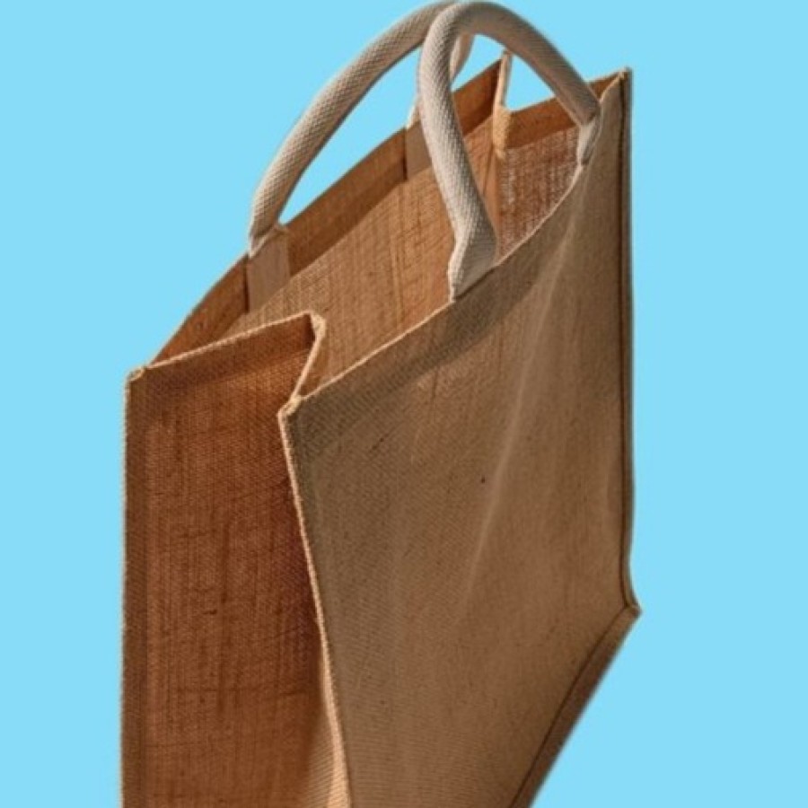 SHOPPING BAG MADE WITH 14X15 LAMINATED NATURAL JUTE FABRICS WITH WHITE COTTON TAPE HANDLE WITH INSIDE ROPE