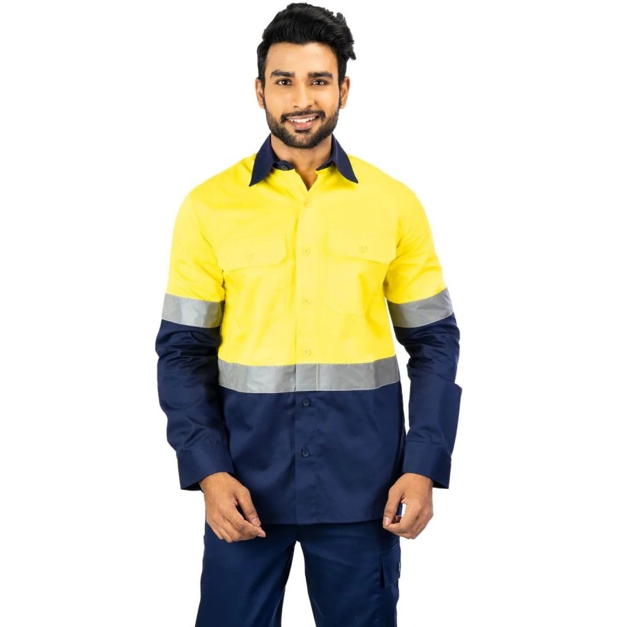 Buzzard Industrial Work Shirt – PC Blend Twill, Yellow Navy, Reflective, EN 20471 Certified