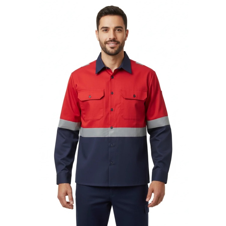 Buzzard heavy duty Industrial Work Shirt with Reflective PC Blend Twill, Red Navy, EN 20471