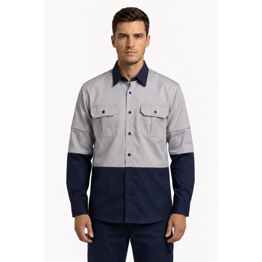 Weston Light Grey & Navy Mid-Weight Full Sleeve Work Shirt, 160 GSM P/C Blend