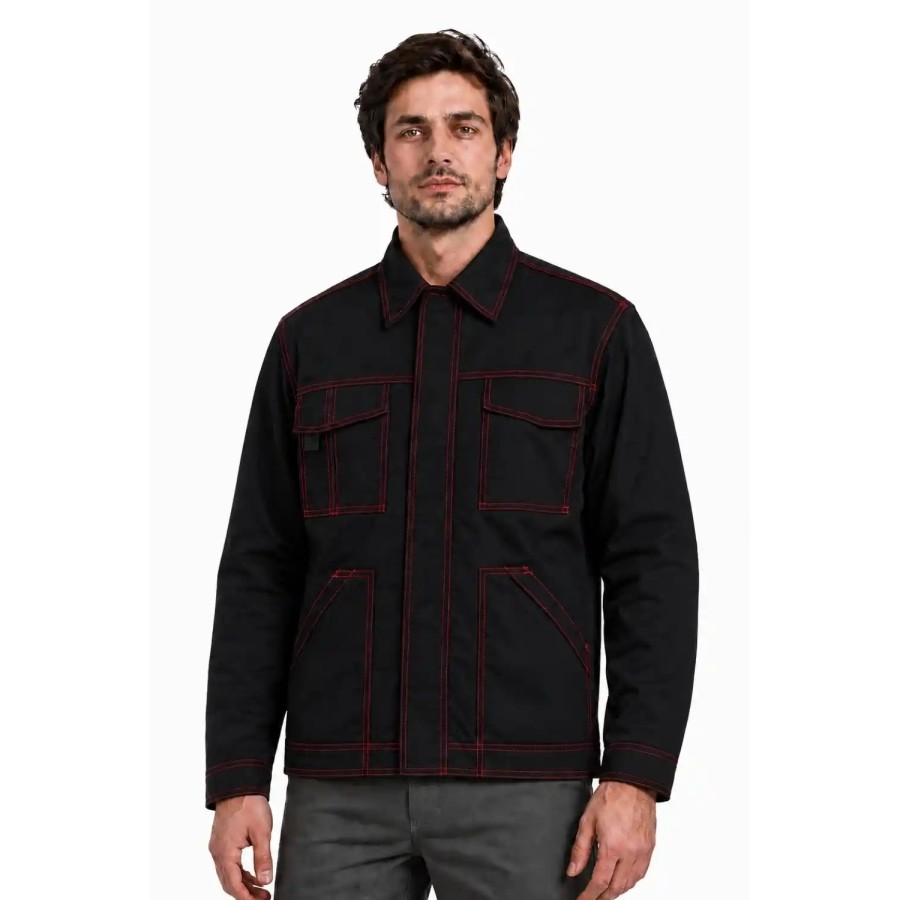 Entro Industrial Wear Work Jacket – Black with Red Contrast Stitching, PC Twill, 240 GSM