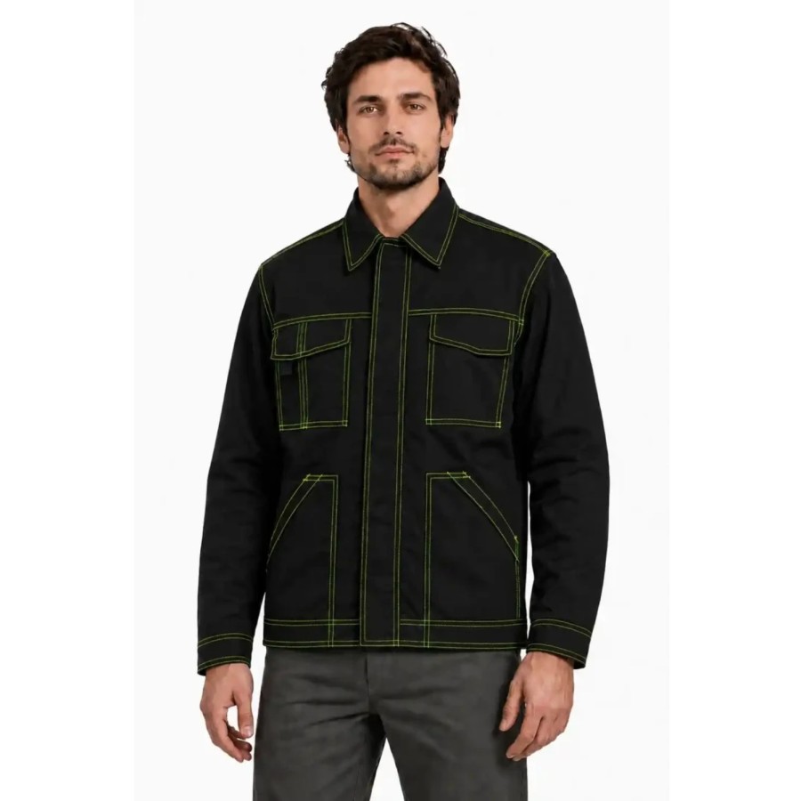Entro Industrial Wear Work Jacket – Black with Neon Green Contrast Stitching, PC Twill, 240 GSM